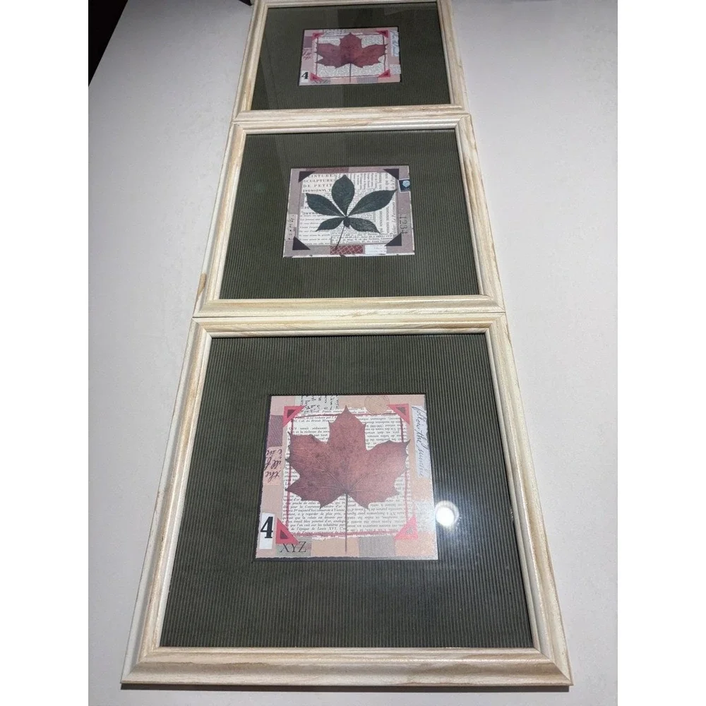 VTG Framed Leaf Wall Art Set of 3 Botanical Collage Prints Rustic‎ Decor Serene